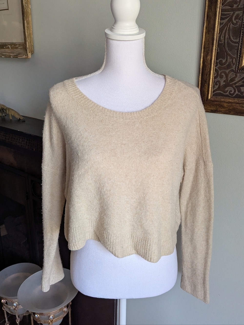 Cooperative Womens Large Cream Cropped Crew Sweater Boho Acrylic Wool Camel 156